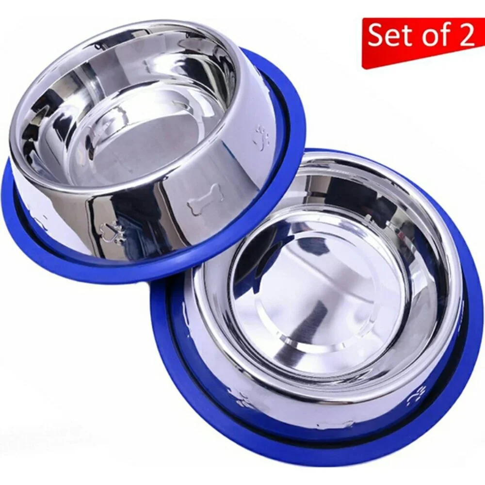 New Set of 2 Stainless Steel Dog Bowls with Non-Skid Silicone Base 32oz